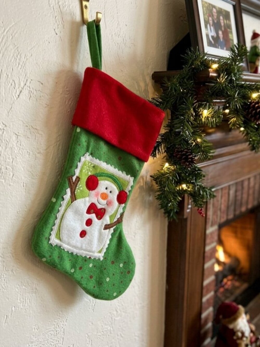 Festive Green and Red Snowman Applique Fabric Christmas Stocking
